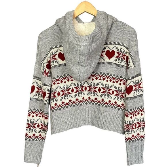 NWT Kaisley Nordic Valentines Heart Print Wool Blend Pom Pom Hooded Sherpa Lined - Picture 3 of 8